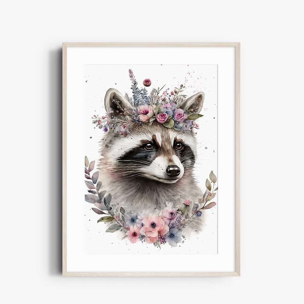 Cute Floral Raccoon Watercolor Wall Art Illustration Print Poster Unframed - Picture 2 of 6